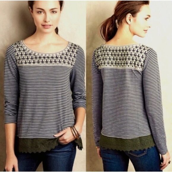 Little Yellow Button Anthropologie Womens Blue Stripe Shiloh Eyelet Blouse Small - Picture 1 of 8